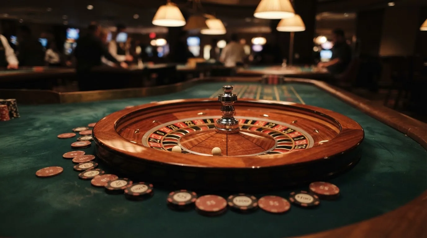 Roulettehjul og spillemærker på grønt filt i varmt aftenlys — anmeldelser af casinoer
