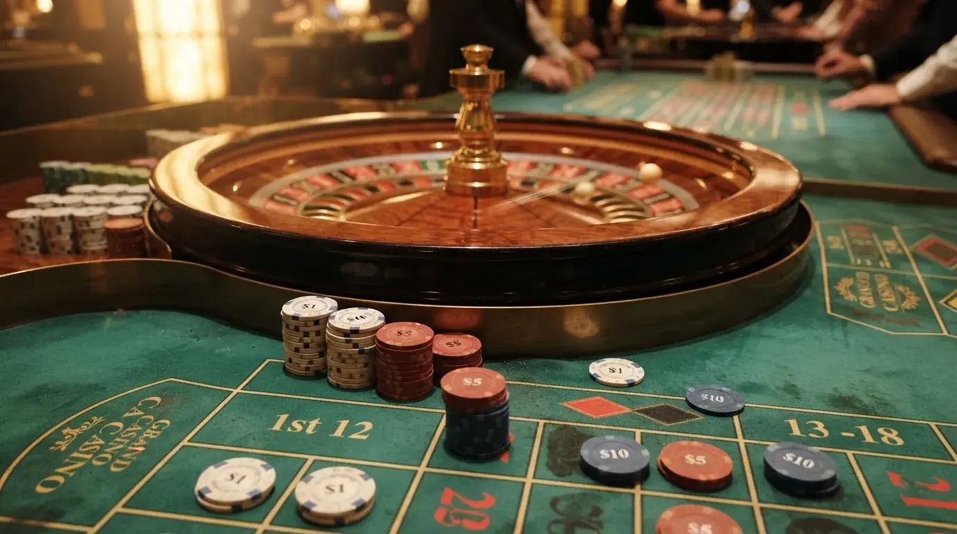 Roulettehjul og spillemærker på grønt filt i varmt aftenlys — bedste blackjack casinoer