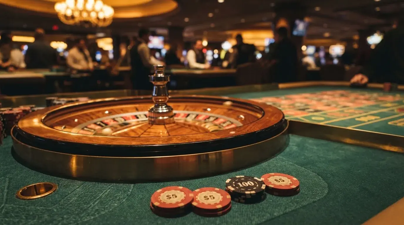 Roulettehjul og spillemærker på grønt filt i varmt aftenlys — bedste blackjack i danmark