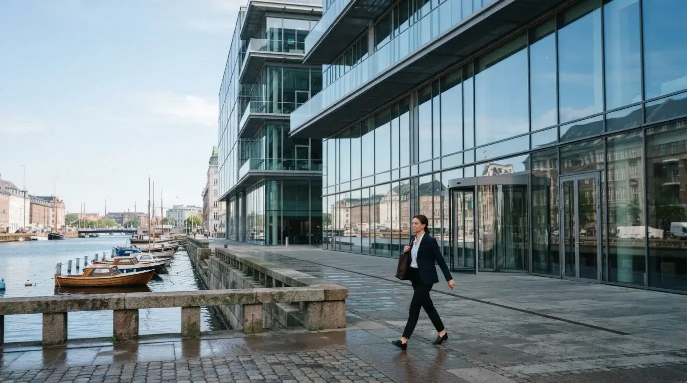 En moderne kontorbygning med glasfacade ved Københavns havn i klart dagslys, med en medarbejder i blazer, der går forbi.