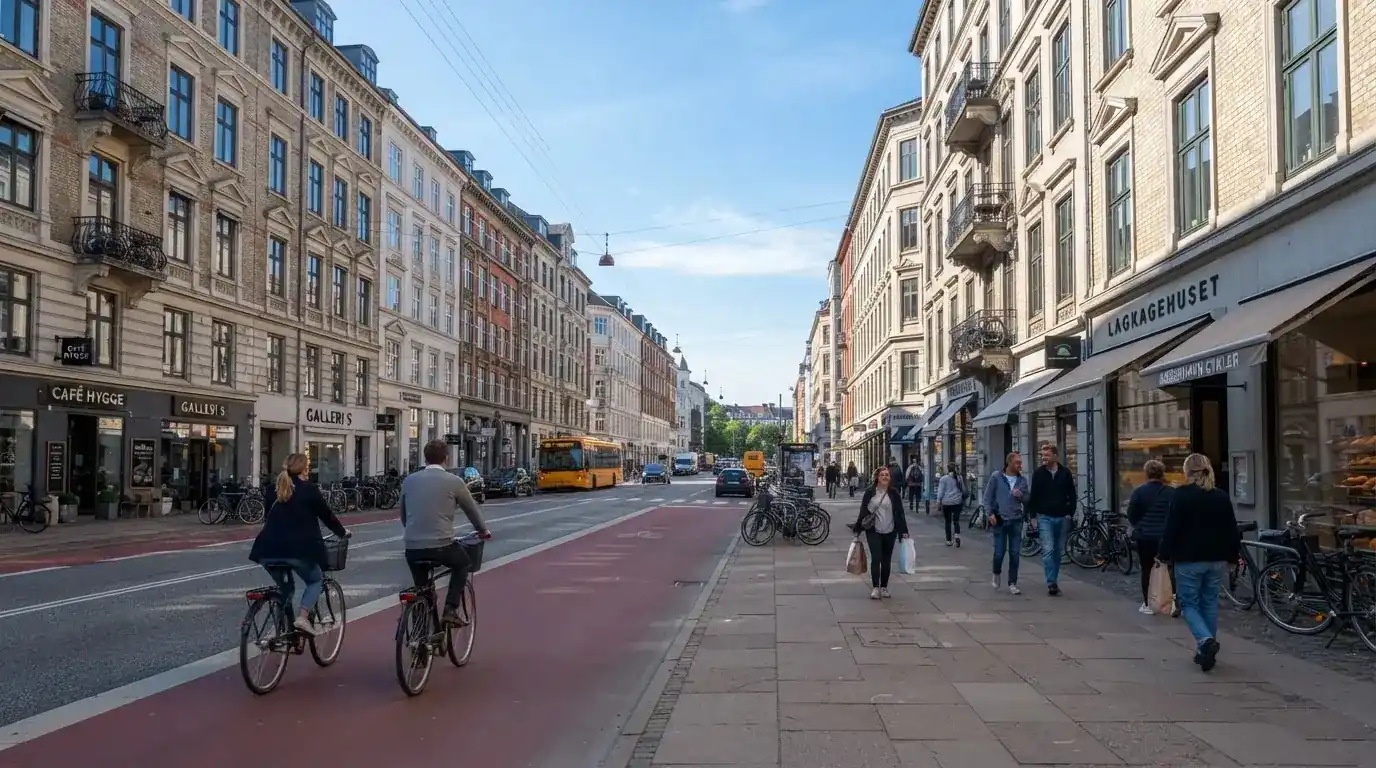 Københavnsk gade med klassiske bygninger og cyklister i klart vejr, set fra fortovet.