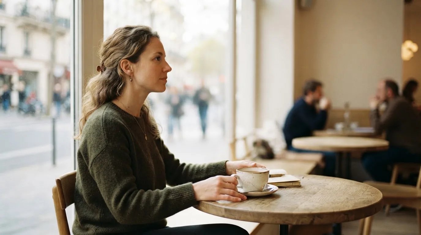 Kvinde sidder på en café med en kop te og kigger tænksomt ud ad vinduet i blødt dagslys.