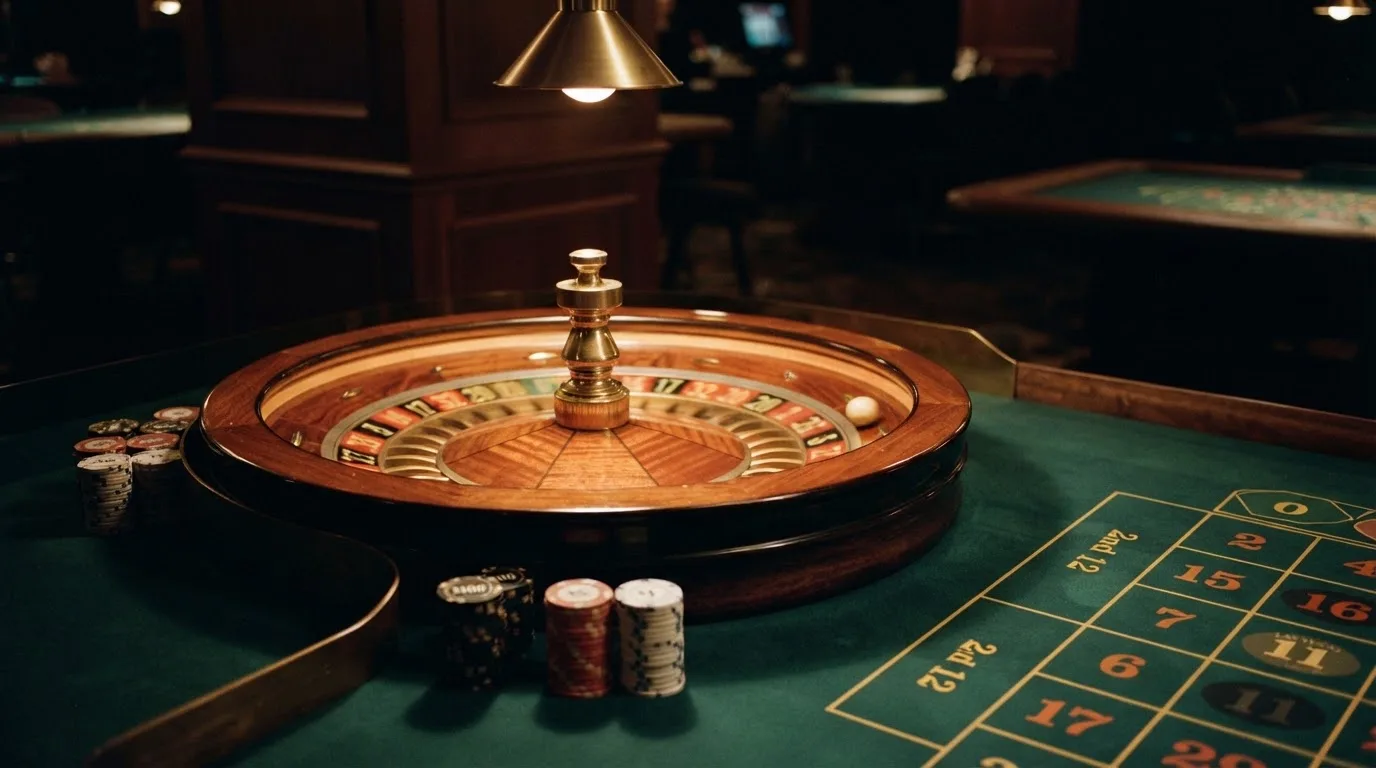 Roulettehjul og spillemærker på grønt filt i varmt aftenlys — bedste roulette casinoer