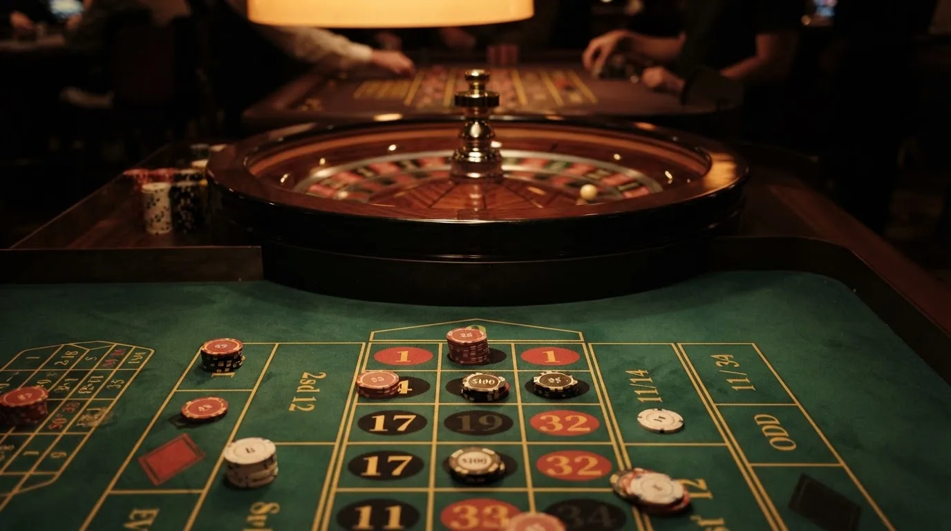 Roulettehjul og spillemærker på grønt filt i varmt aftenlys — bedste slots casinoer