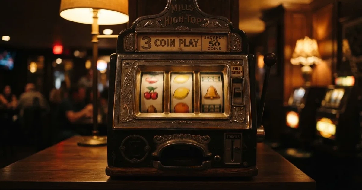 Nærbillede af tre roterende hjul med farverige frugtsymboler på en klassisk spilleautomat i et dæmpet, varmt oplyst spillelokale.
