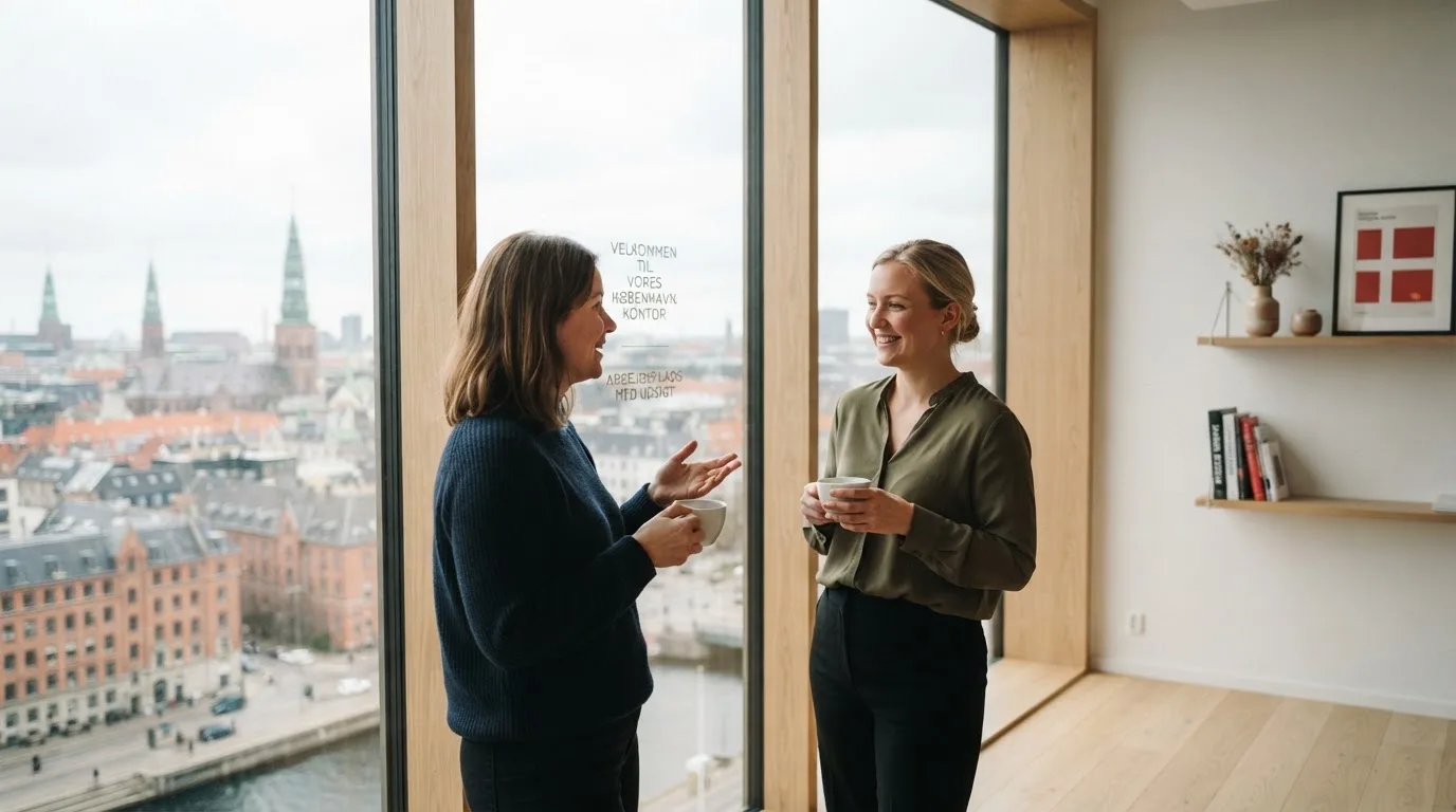 To medarbejdere står ved et stort vindue i et lyst kontor i København og taler sammen med kaffekopper i hænderne.