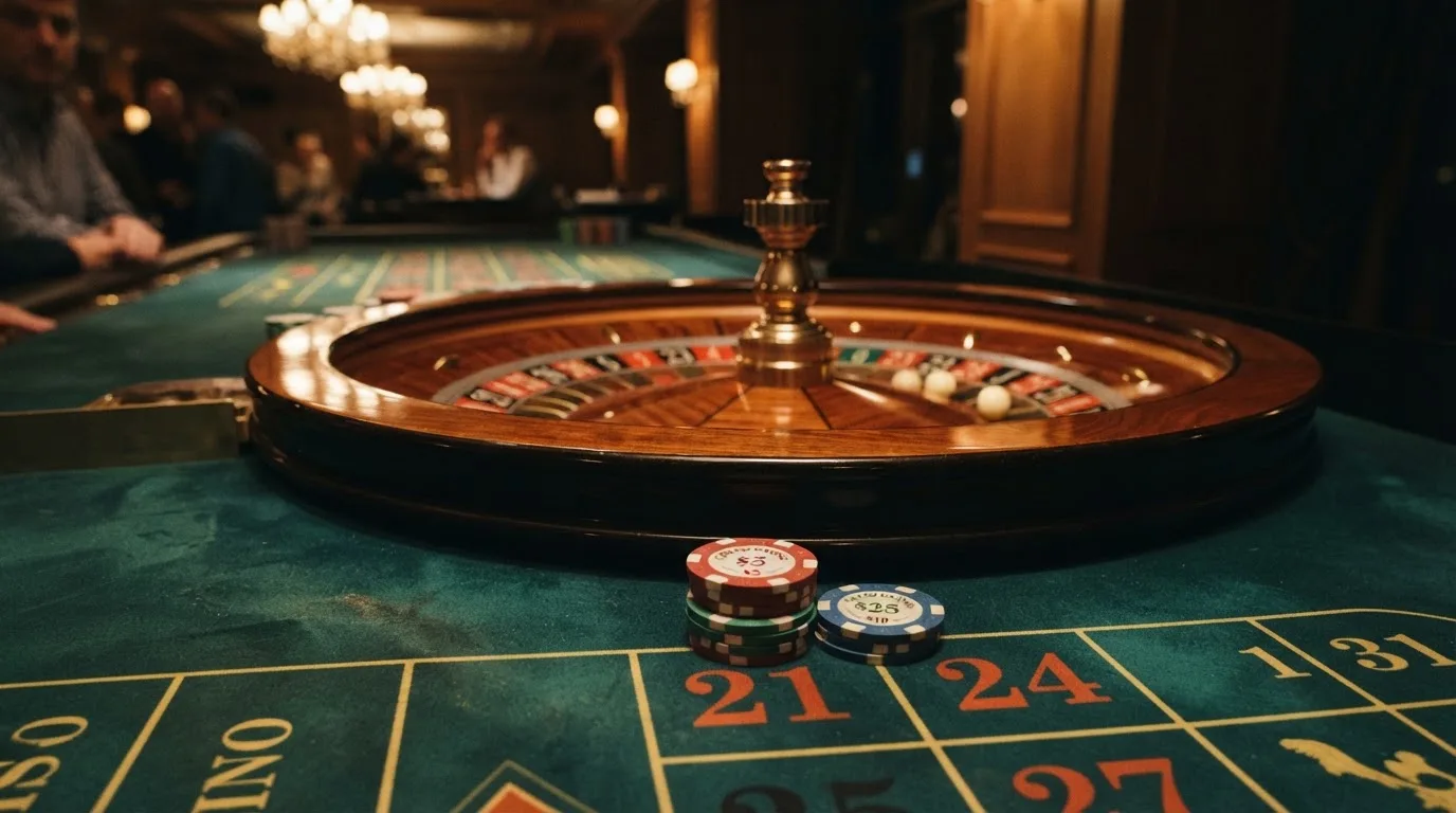 Roulettehjul og spillemærker på grønt filt i varmt aftenlys — casino bonus til eksisterende kunder