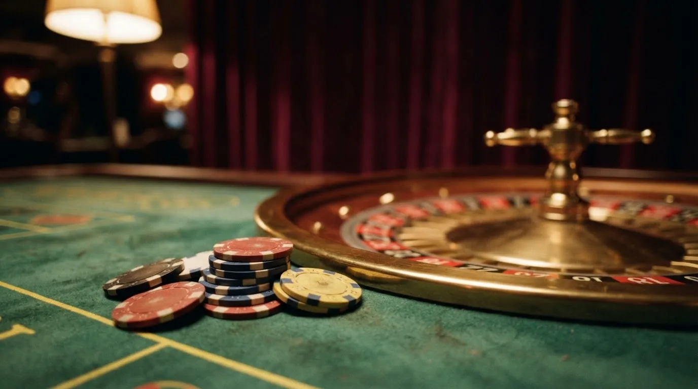 Roulettehjul og spillemærker på grønt filt i varmt aftenlys — casino bonus uden indskud dk