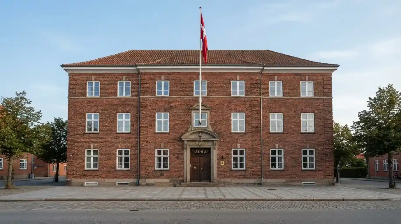 Facade af en klassisk dansk administrationsbygning i røde mursten med flagstang under blå himmel, uden personer.