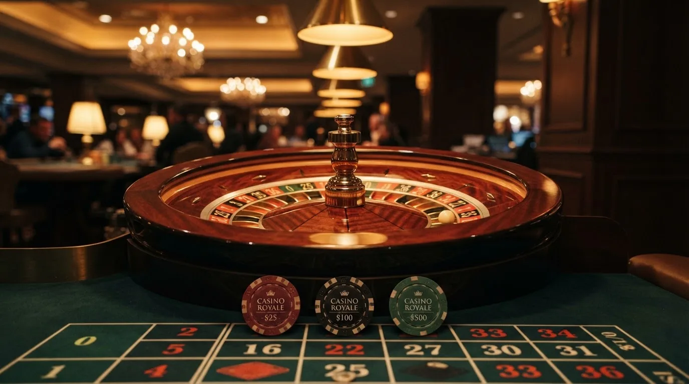 Roulettehjul og spillemærker på grønt filt i varmt aftenlys — casino med cardano i danmark