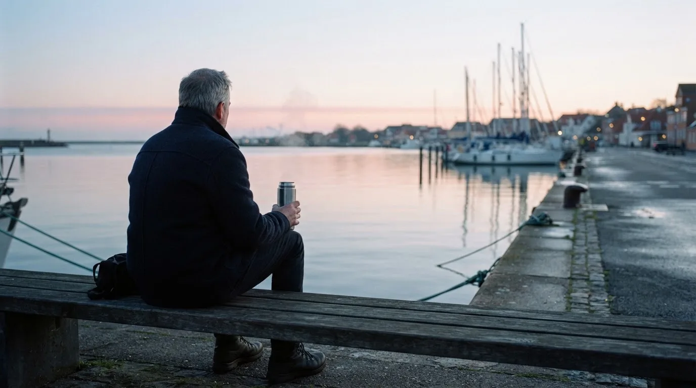 En mand sidder på en bænk ved havnen en tidlig morgen og ser ud over vandet med en termokop i hånden.