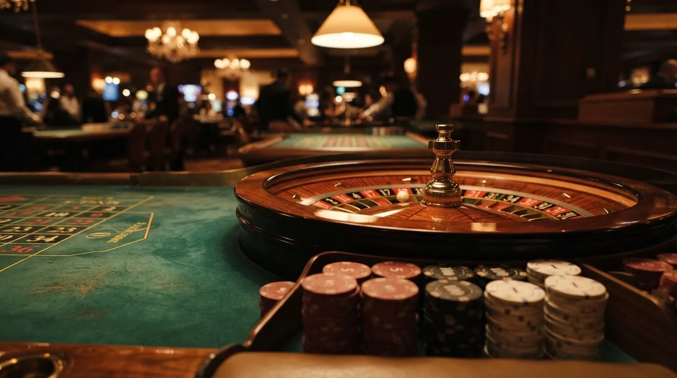 Roulettehjul og spillemærker på grønt filt i varmt aftenlys — casino med dogecoin i danmark