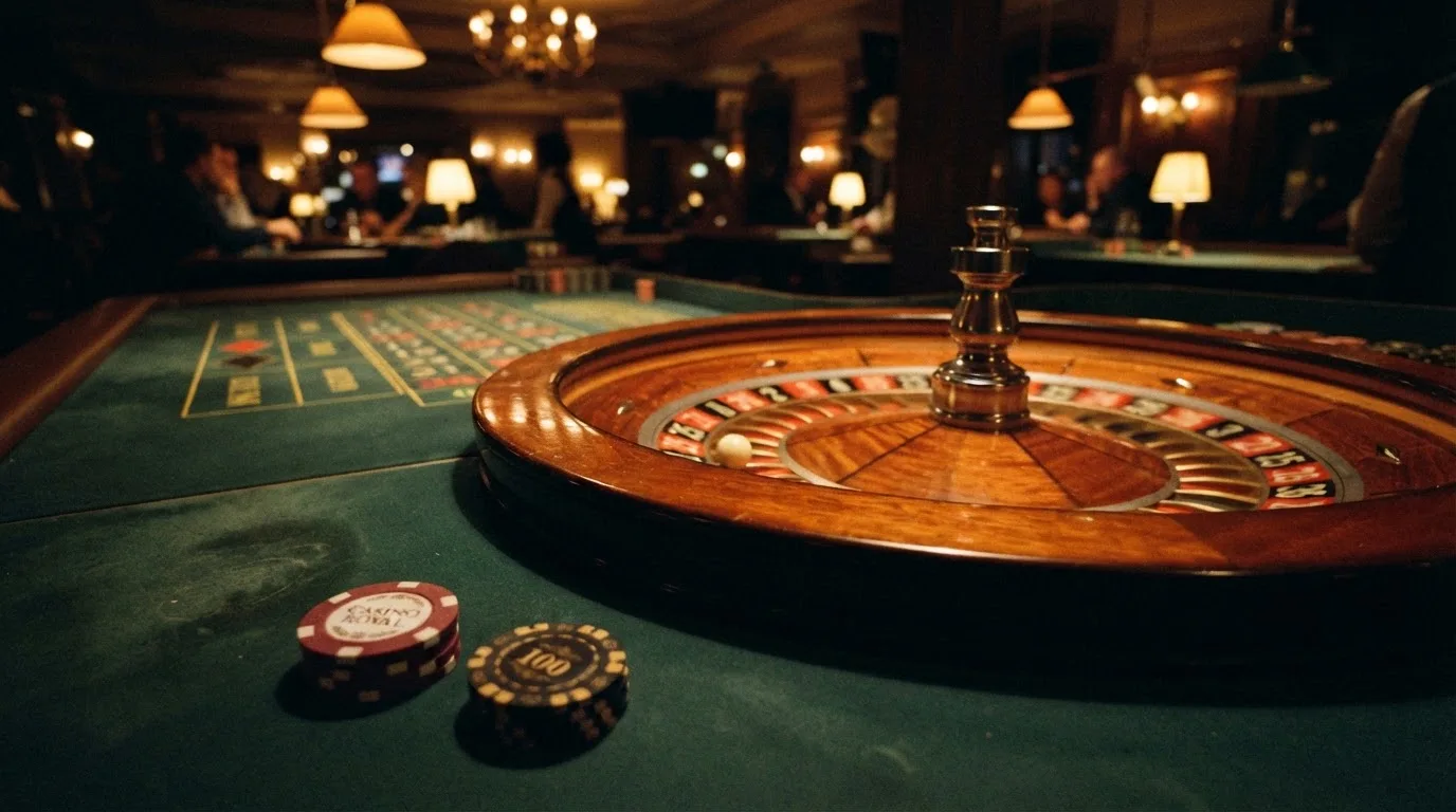 Roulettehjul og spillemærker på grønt filt i varmt aftenlys — casino med högst rtp