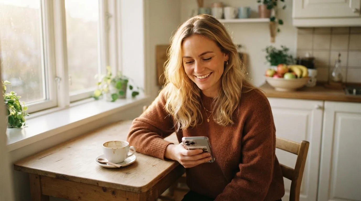 Kvinde smiler og trykker på sin mobil i et dagligt køkkenmiljø med en kop kaffe i morgenlys.
