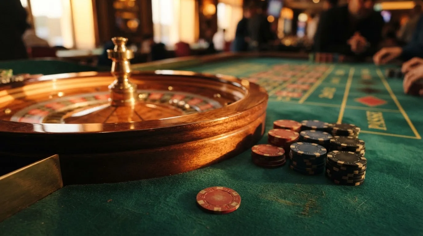 Roulettehjul og spillemærker på grønt filt i varmt aftenlys — casino på mobilen i danmark