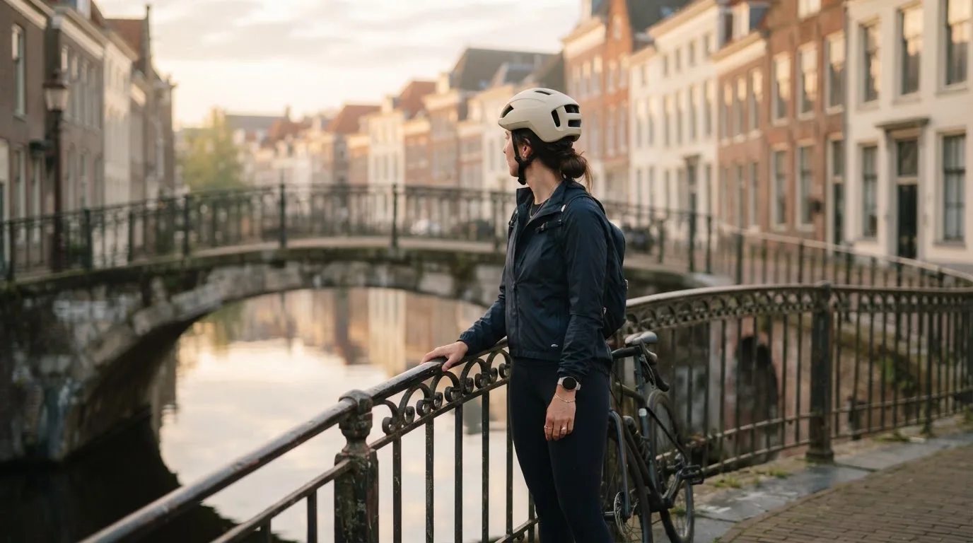 Kvinde i cykelhjelm holder pause ved en bro over en kanal og ser ud over vandet i morgenlys.
