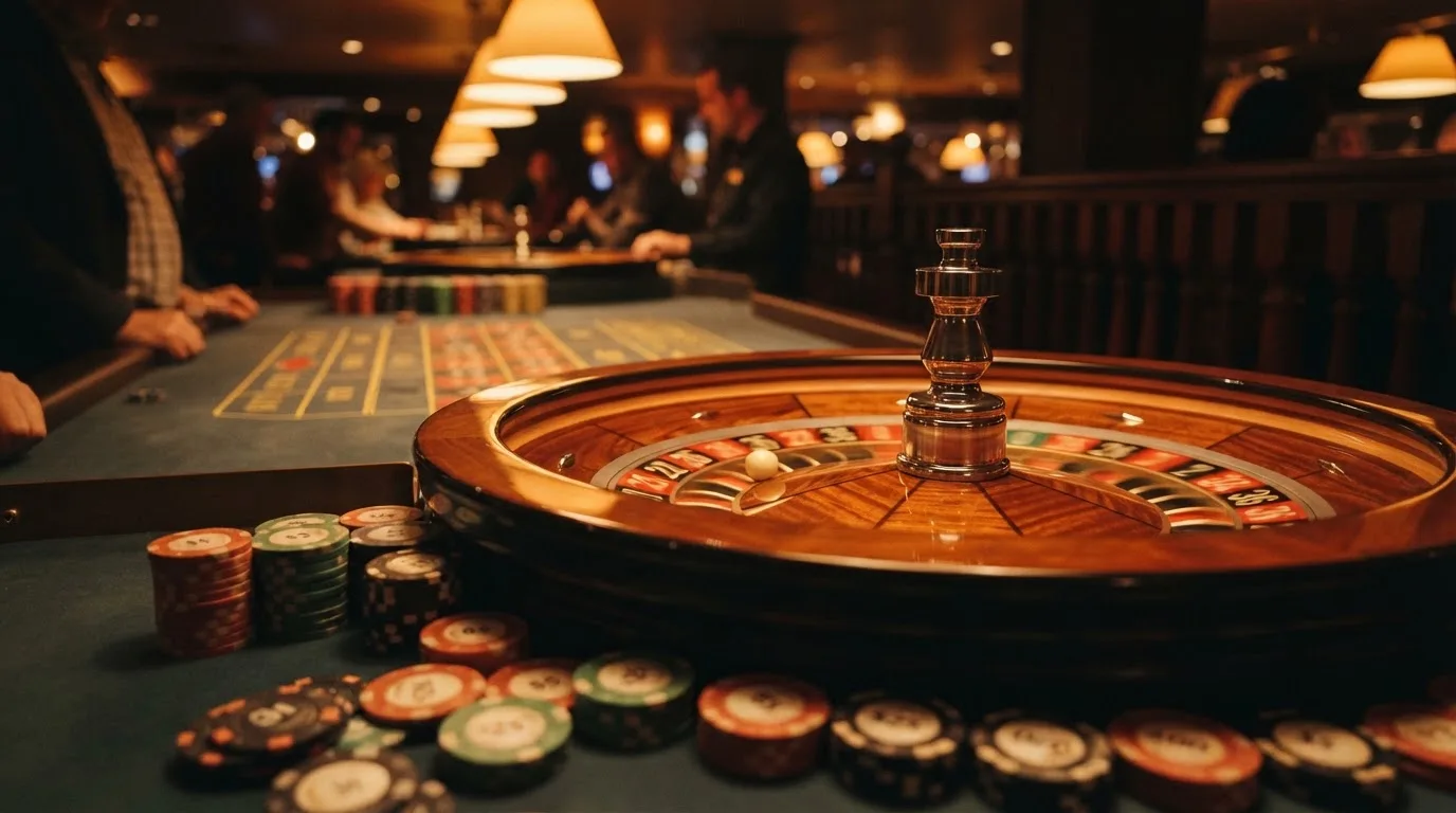 Roulettehjul og spillemærker på grønt filt i varmt aftenlys — casino uden dansk licens
