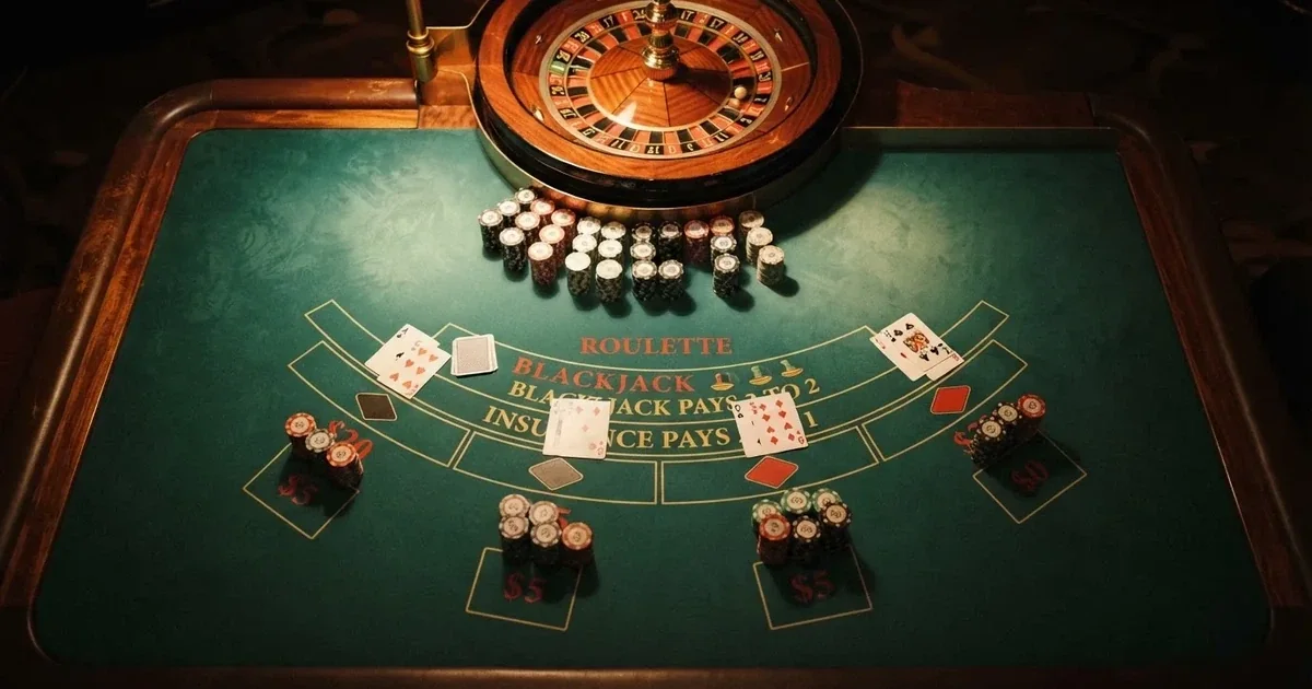 Oplyst spillebord med kort, set ovenfra — dansk live roulette