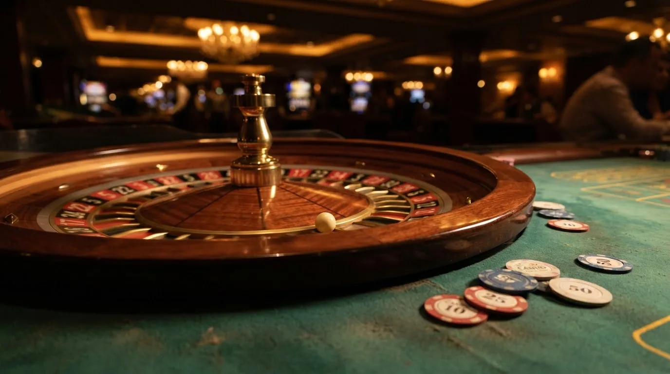 Roulettehjul og spillemærker på grønt filt i varmt aftenlys — dansk live roulette