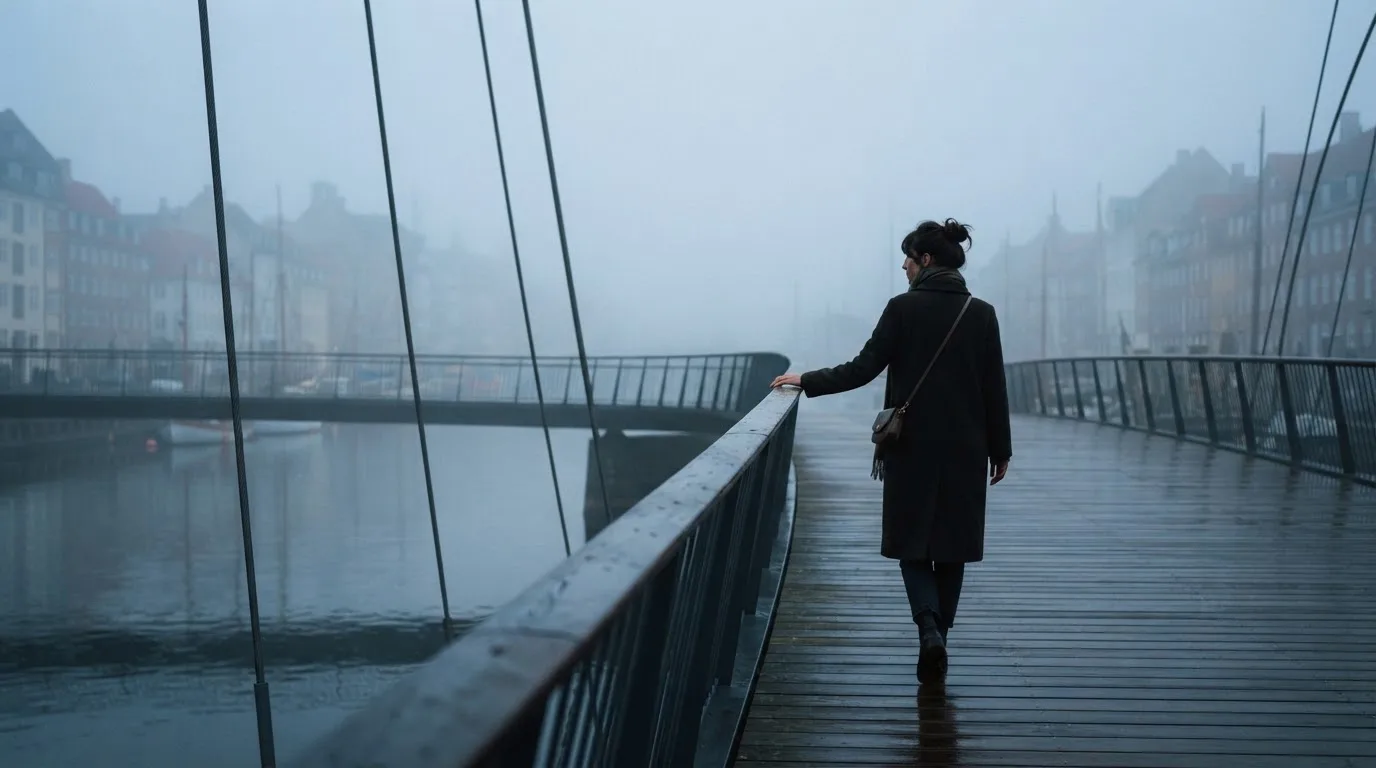 En kvinde i en vinterfrakke går over en bro i København en tidlig morgen med let tåge over vandet.