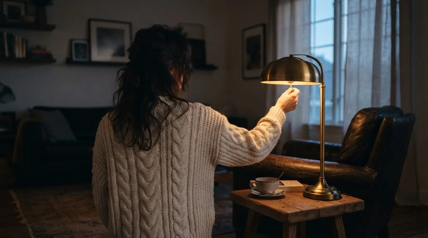En kvinde slukker en bordlampe i en stue og sætter sig i sofaen med en tekop, mens det er blevet aften.