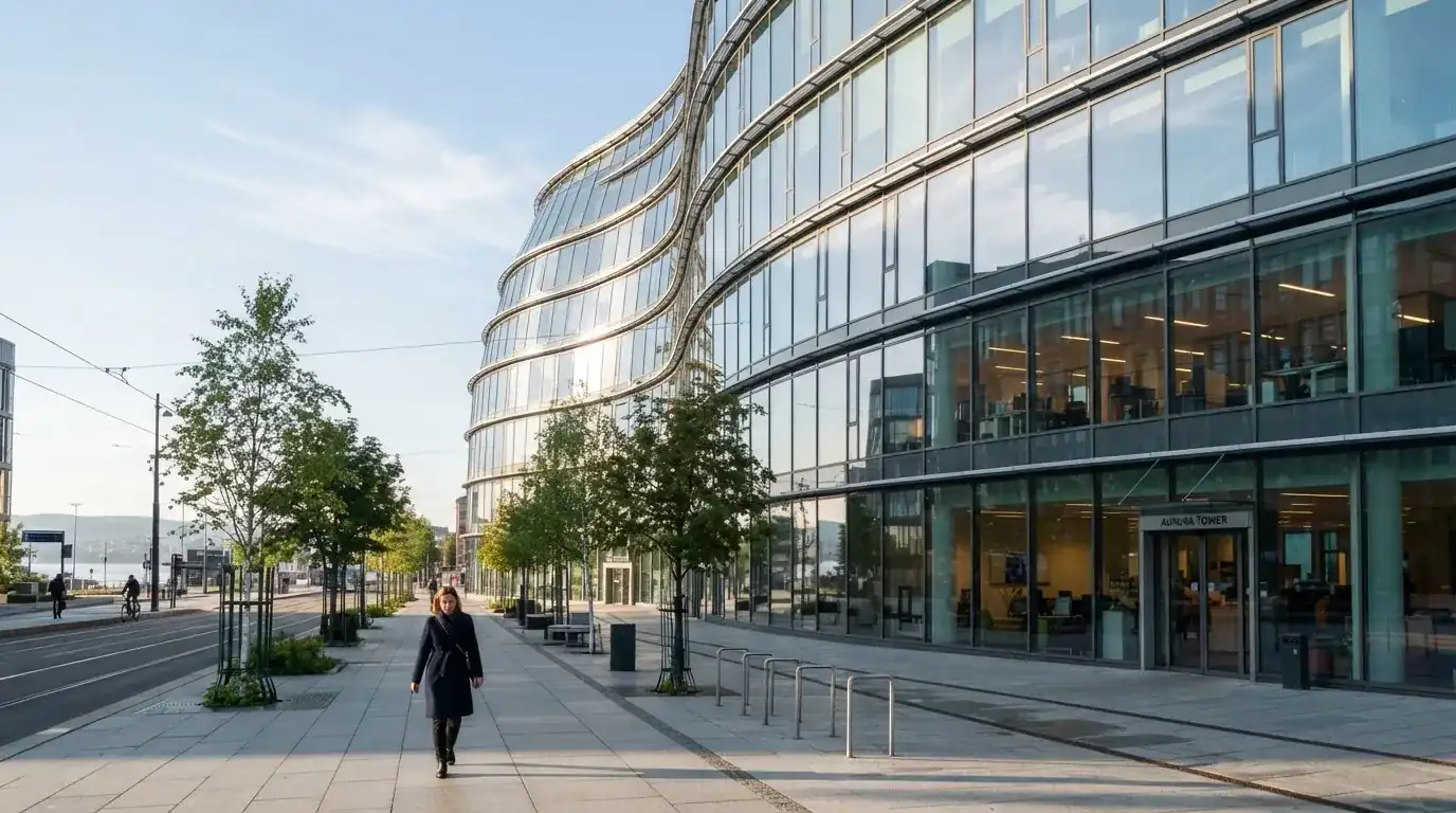 En moderne glasbygning i Ørestad en lys dag med en fodgænger i forgrunden og blå himmel bag facaden.