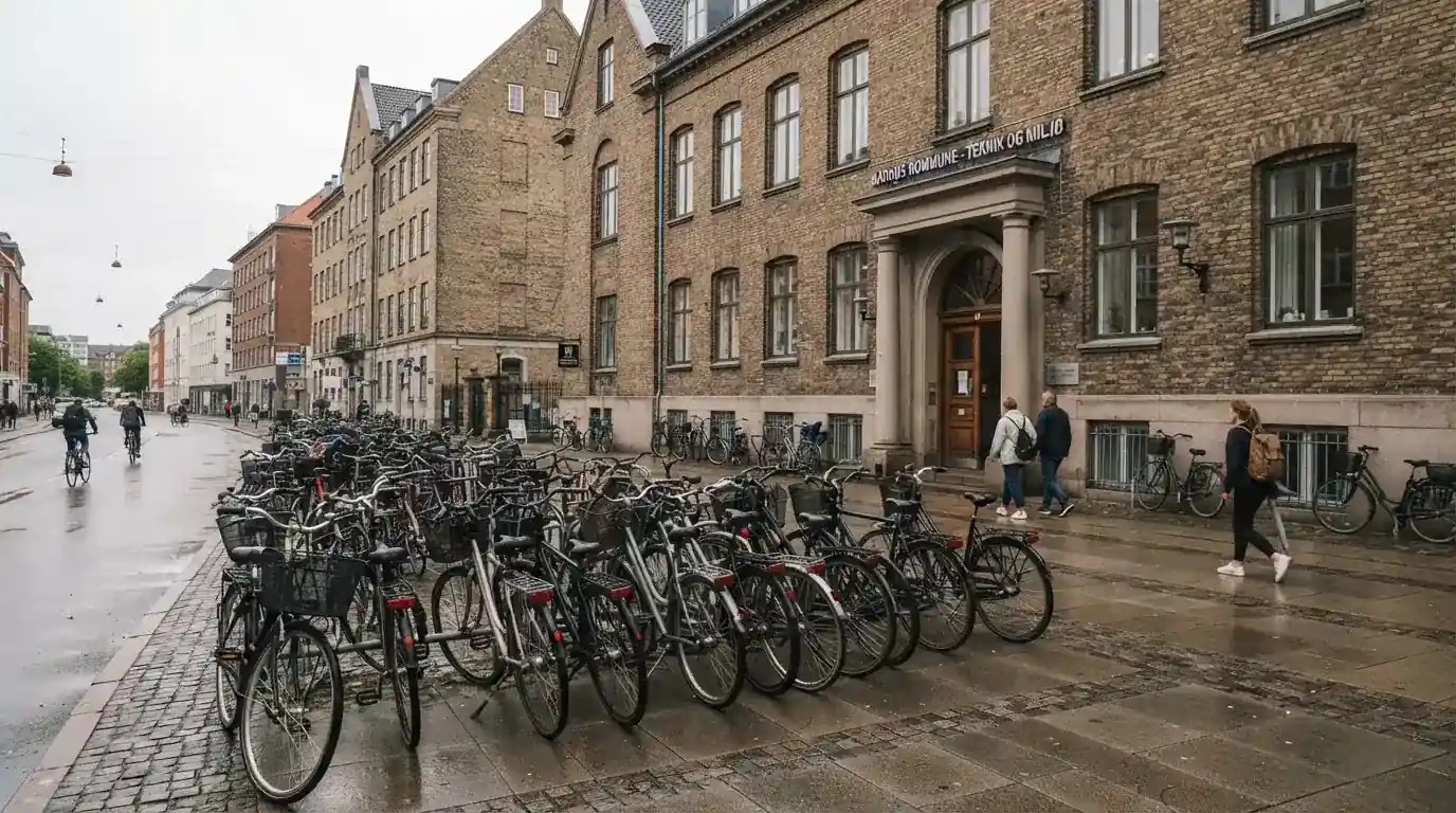Rækker af cykler holder foran en række kontorbygninger i brun tegl en overskyet dag i Aarhus, set fra gadeniveau.