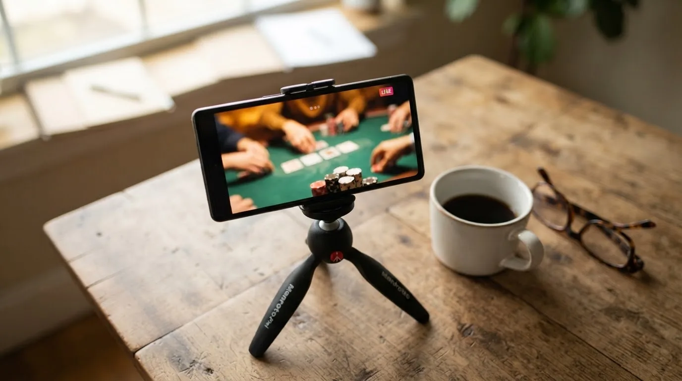 En smartphone på et stativ viser en uskarp videostream af et spillebord, mens en kaffekop står ved siden af på et skrivebord.