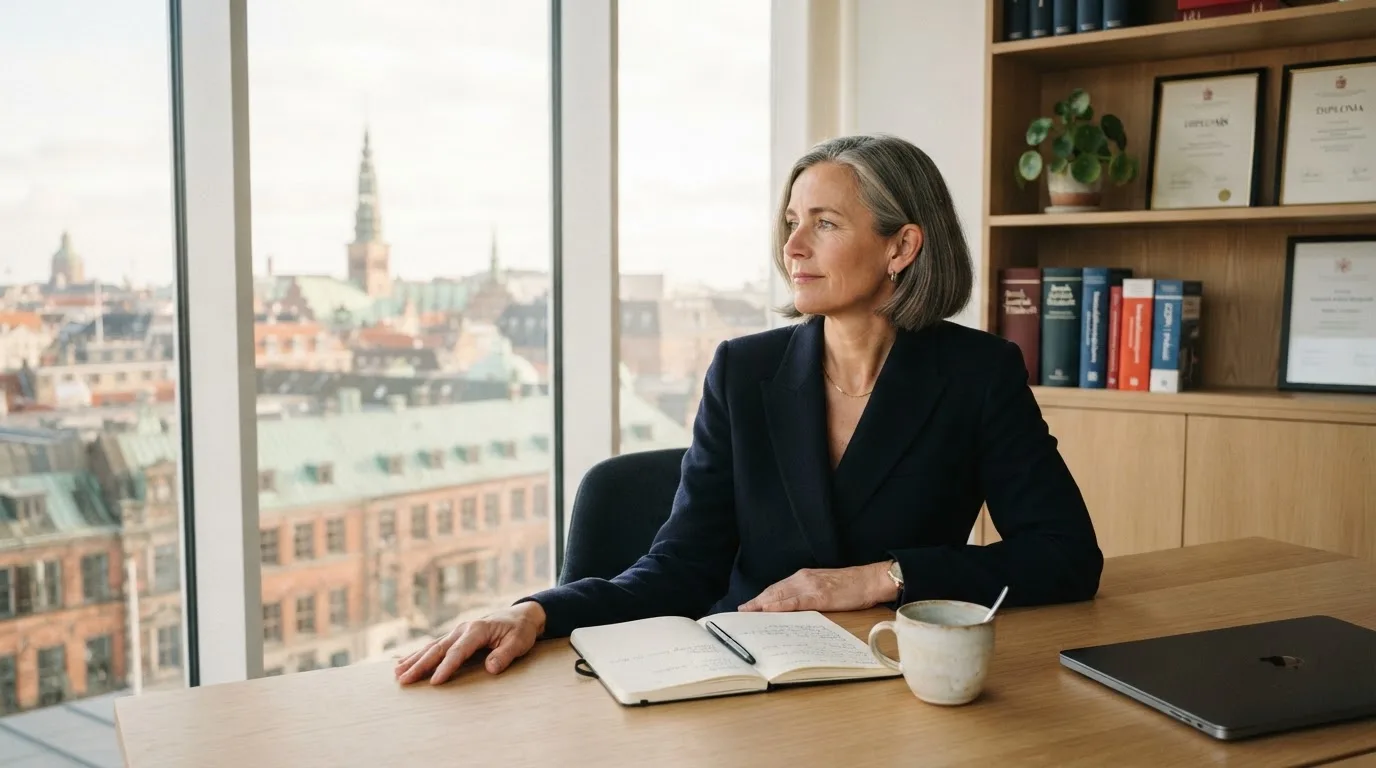 Jurist sidder ved et skrivebord i et lyst københavnsk kontor med reol, kaffekop og store vinduer og kigger eftertænksomt ud.