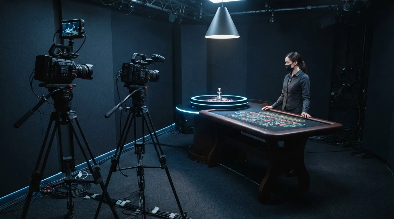 Kameraer på stativer og et roulettehjul midt i et mørkt livecasino-studie med en dealer i uniform, set fra siden i blåligt lys.