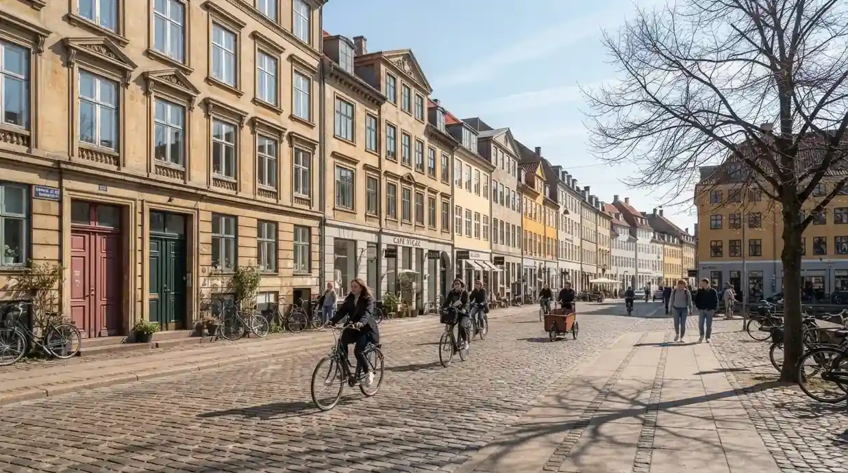 Københavnsk gade med klassiske sandstensbygninger og cyklister i klart vejr, set fra fortovet.