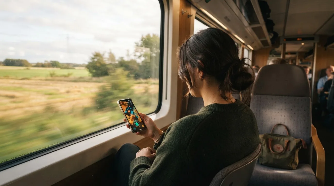 Kvinde på toget ser ud ad vinduet med mobilen i hånden, mens landskabet suser forbi i eftermiddagslys.